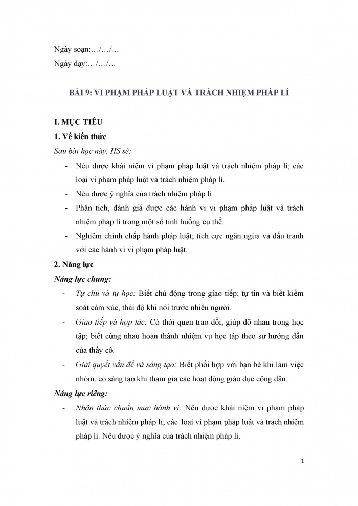 Giáo án và PPT Công dân 9 chân trời bài 9: Vi phạm pháp luật và trách nhiệm pháp lí