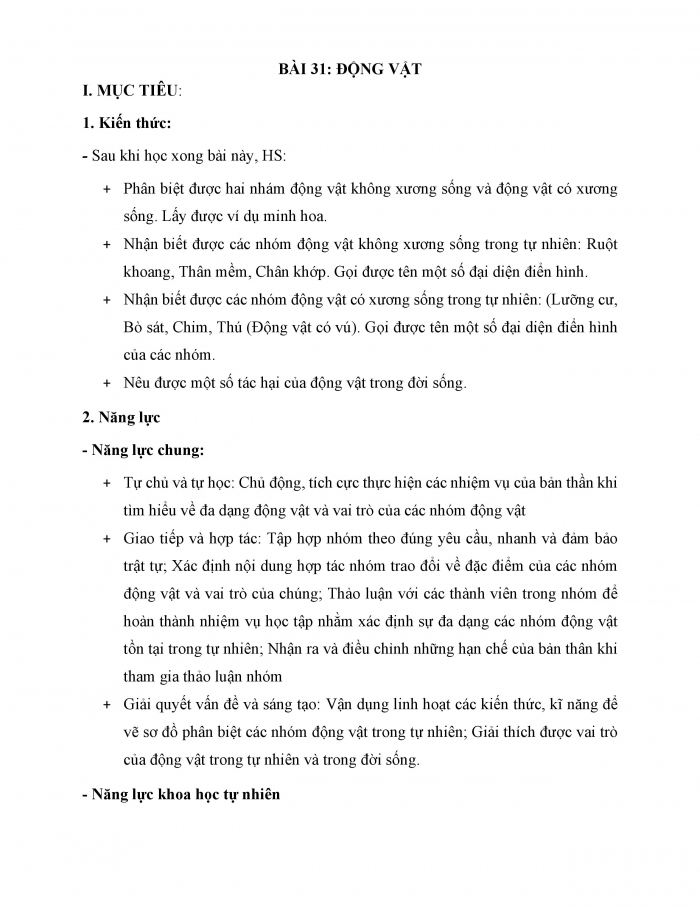 Giáo án và PPT KHTN 6 chân trời Bài 31: Động vật