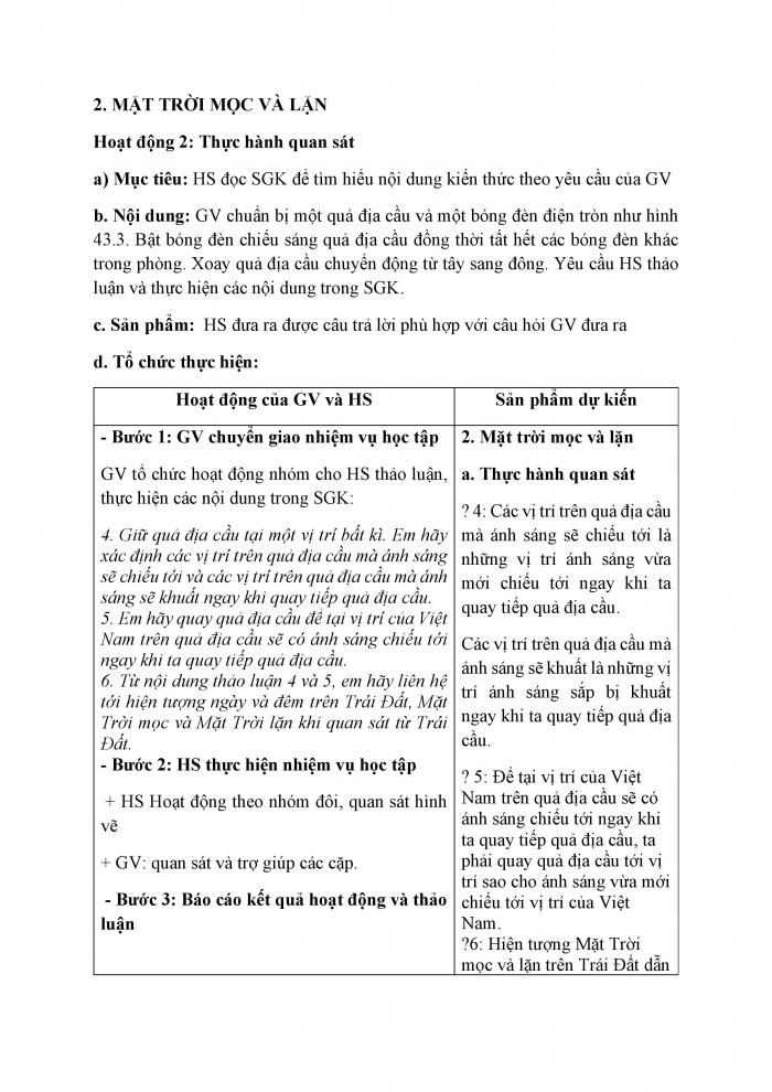 Giáo án và PPT KHTN 6 chân trời Bài 43: Chuyển động nhìn thấy của Mặt Trời