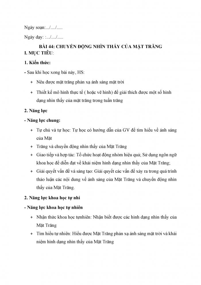 Giáo án và PPT KHTN 6 chân trời Bài 44: Chuyển động nhìn thấy của Mặt Trăng