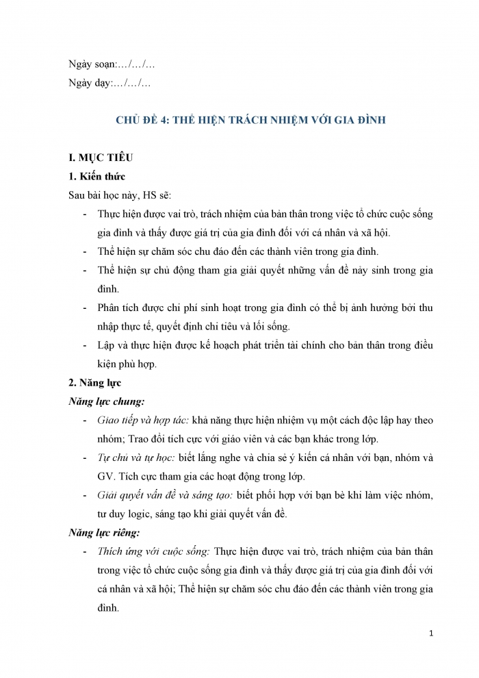 Giáo án và PPT Hoạt động trải nghiệm 12 chân trời bản 2 chủ đề 4: Thể hiện trách nhiệm với gia đình