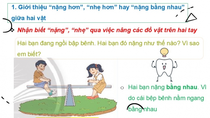 Giáo án PPT Toán 2 chân trời bài Nặng hơn, nhẹ hơn