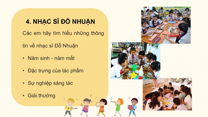 Giáo án PPT Âm nhạc 6 cánh diều Tiết 2: Ôn tập bài hát Lí cây đa, kết hợp gõ đệm bằng nhạc cụ gõ và động tác cơ thể, Nghe bài hát Việt Nam quê hương tôi, Nhạc sĩ Đỗ Nhuận