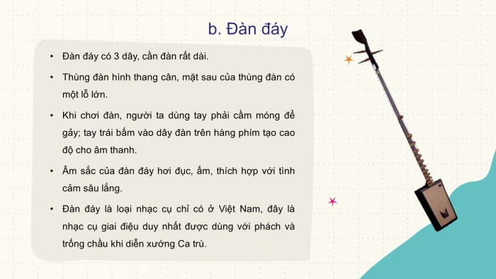 Giáo án PPT Âm nhạc 6 cánh diều Tiết 2: Ôn tập bài hát Bụi phấn, kết hợp gõ đệm bằng nhạc cụ gõ và động tác cơ thể, Đàn tranh và đàn đáy, Trải nghiệm và khám phá