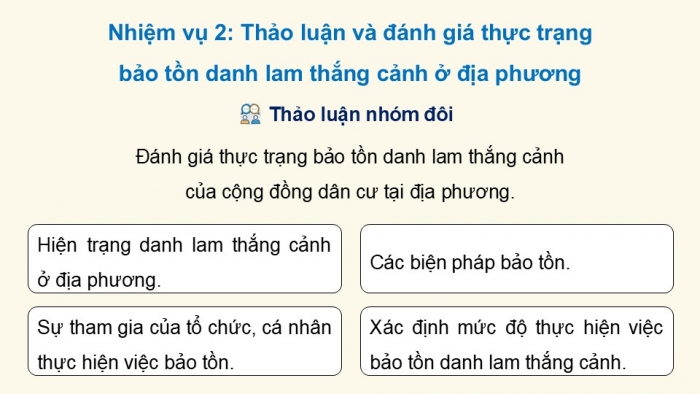 Giáo án điện tử Hoạt động trải nghiệm 12 chân trời bản 2 Chủ đề 6: Bảo tồn động vật, thực vật và cảnh quan thiên nhiên (P2)