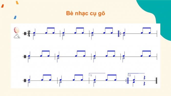 Giáo án điện tử Âm nhạc 9 cánh diều Bài 12 Tiết 2: Thể hiện tiết tấu, ứng dụng đệm cho bài hát Tiếng cồng chiêng gọi mùa lúa chín, Ôn tập Bài hoà tấu số 6, Trải nghiệm và khám phá Đọc nhạc ba bè