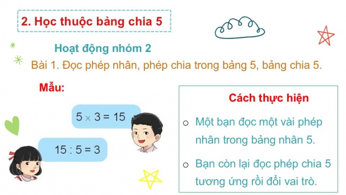 Giáo án PPT Toán 2 chân trời bài Bảng chia 5