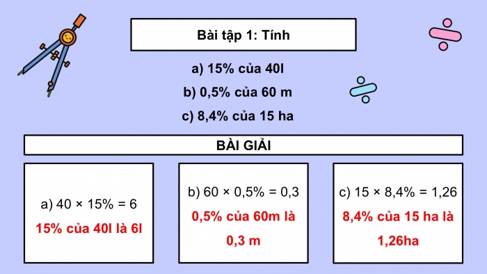 Giáo án điện tử Toán 5 chân trời Bài 58: Tìm giá trị phần trăm của một số