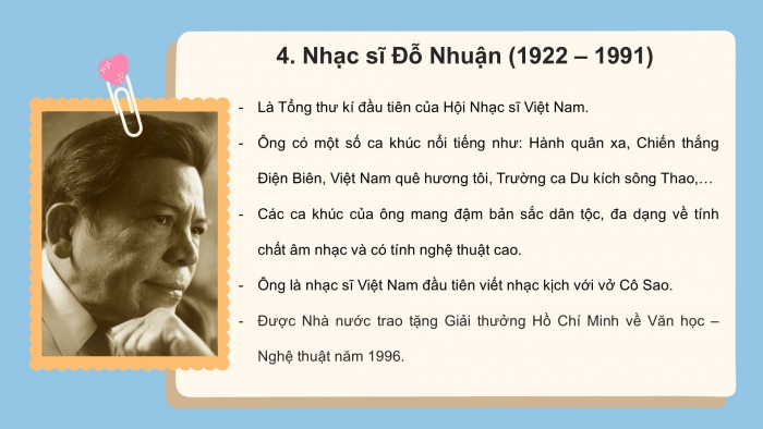 Giáo án PPT Âm nhạc 6 cánh diều Tiết 2: Ôn tập bài hát Lí cây đa, kết hợp gõ đệm bằng nhạc cụ gõ và động tác cơ thể, Nghe bài hát Việt Nam quê hương tôi, Nhạc sĩ Đỗ Nhuận