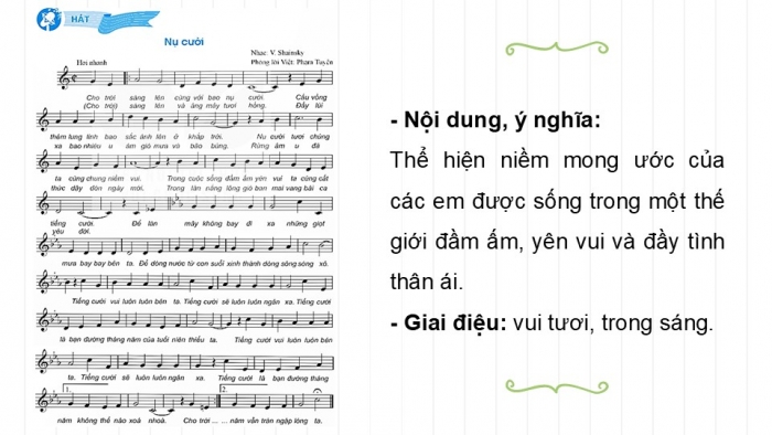 Giáo án điện tử Âm nhạc 9 kết nối Tiết 23: Hát Bài hát Nụ cười