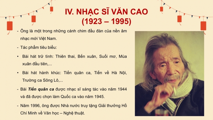 Giáo án PPT Âm nhạc 6 cánh diều Tiết 2: Ôn tập bài hát Mùa xuân em tới trường, kết hợp gõ đệm bằng nhạc cụ gõ và động tác cơ thể, Nghe bài hát Mùa xuân đầu tiên, Nhạc sĩ Văn Cao