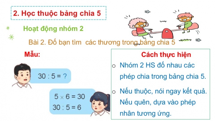 Giáo án PPT Toán 2 chân trời bài Bảng chia 5