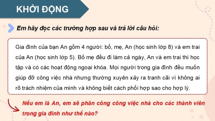 Giáo án điện tử Hoạt động trải nghiệm 9 cánh diều Chủ đề 6 - Hoạt động giáo dục 2: Công việc trong gia đình