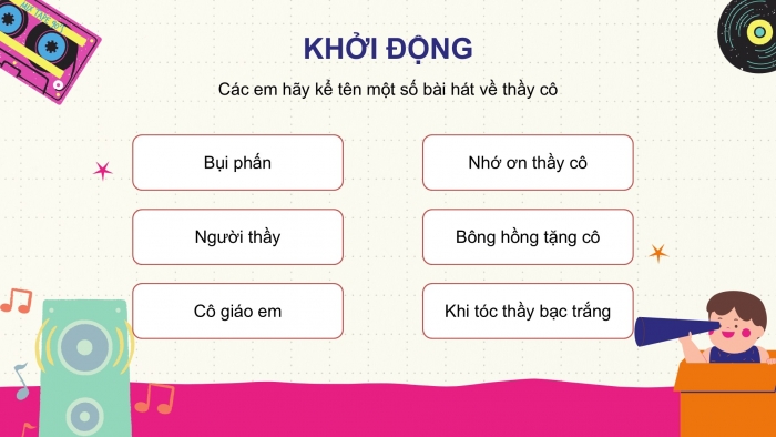 Giáo án PPT Âm nhạc 6 cánh diều Tiết 2: Ôn tập bài hát Bụi phấn, kết hợp gõ đệm bằng nhạc cụ gõ và động tác cơ thể, Đàn tranh và đàn đáy, Trải nghiệm và khám phá