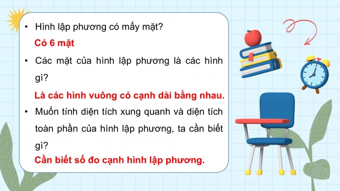 Giáo án điện tử Toán 5 chân trời Bài 66: Diện tích xung quanh và diện tích toàn phần của hình lập phương