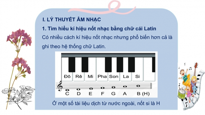 Giáo án PPT Âm nhạc 6 kết nối Tiết 7: Kí hiệu âm bằng hệ thống chữ cái Latin, Recorder hoặc kèn phím