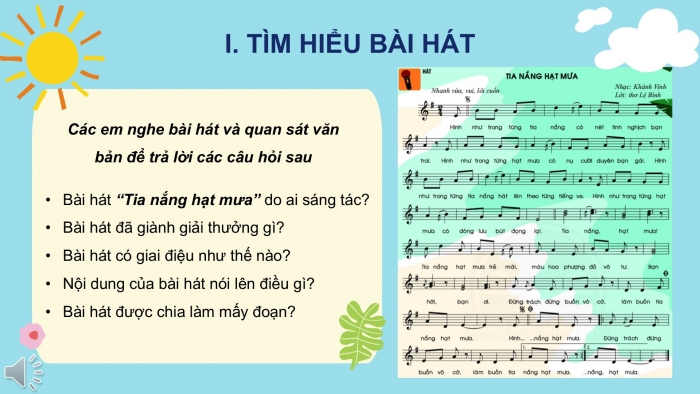 Giáo án PPT Âm nhạc 6 chân trời Tiết 31: Bài hát Tia nắng hạt mưa, Nhạc cụ thể hiện tiết tấu Bài thực hành số 6