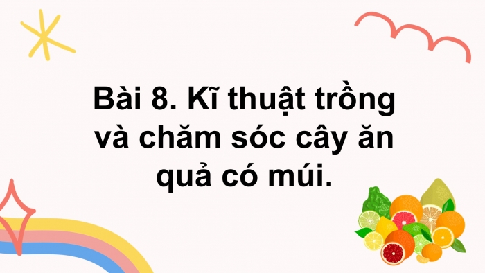 Giáo án điện tử Công nghệ 9 Trồng cây ăn quả Cánh diều Bài 8: Kĩ thuật trồng và chăm sóc cây ăn quả có múi