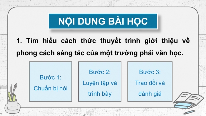 Giáo án điện tử chuyên đề Ngữ văn 12 chân trời CĐ 3 Phần 3: Yêu cầu và cách thức thuyết trình về phong cách sáng tác của một trường phái văn học (cổ điển, lãng mạn hoặc hiện thực)