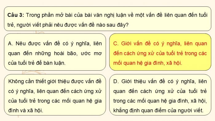 Giáo án PPT dạy thêm Ngữ văn 12 Kết nối bài 7: Viết bài văn nghị luận bàn về một vấn đề liên quan đến tuổi trẻ (Cách ứng xử trong các mối quan hệ gia đình, xã hội)