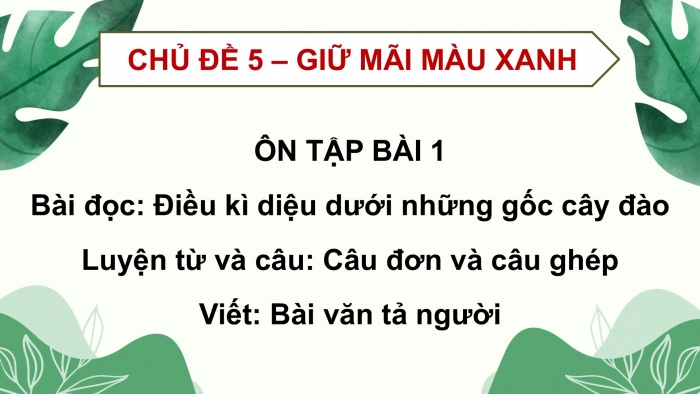 Giáo án PPT dạy thêm Tiếng Việt 5 chân trời bài 1: Bài đọc Điều kì diệu dưới những gốc anh đào. Luyện từ và câu Câu đơn và câu ghép. Bài văn tả người