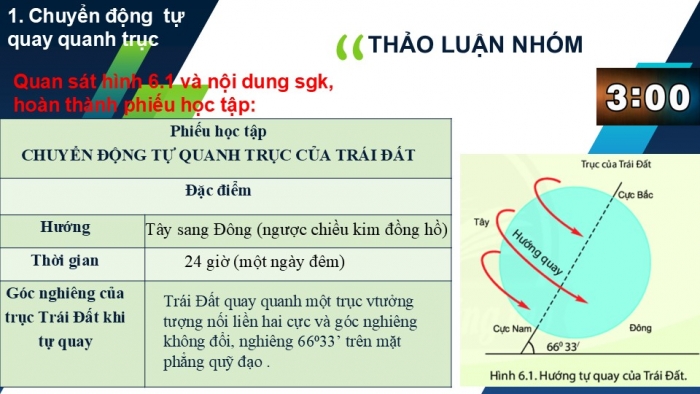 Giáo án PPT Địa lí 6 chân trời Bài 6: Chuyển động tự quay quanh trục của Trái Đất và hệ quả