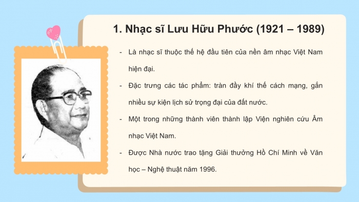 Giáo án PPT Âm nhạc 6 chân trời Tiết 4: Nhạc sĩ Lưu Hữu Phước, Nghe bài hát Lên đàng