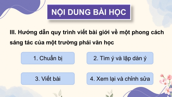 Giáo án điện tử chuyên đề Ngữ văn 12 chân trời CĐ 3 Phần 2: Yêu cầu và cách thức viết bài giới thiệu về phong cách sáng tác của một trường phái văn học (cổ điển, lãng mạn hoặc hiện thực)