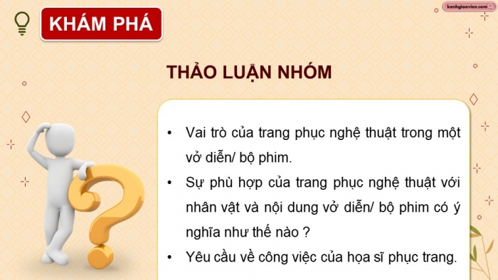 Giáo án điện tử Mĩ thuật 12 Thiết kế mĩ thuật sân khấu điện ảnh Kết nối Bài 2: Thực hành thiết kế trang phục sân khấu, điện ảnh từ vật liệu sẵn có