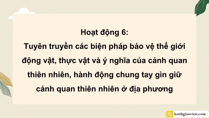 Giáo án điện tử Hoạt động trải nghiệm 12 chân trời bản 1 Chủ đề 9: Bảo vệ cảnh quan thiên nhiên, thế giới động vật và thực vật (P3)