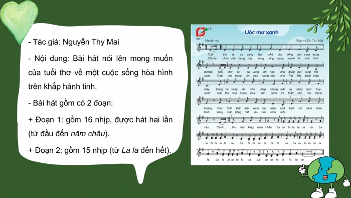 Giáo án PPT Âm nhạc 6 cánh diều Tiết 1: Hát bài Ước mơ xanh, Nghe bài hát Bài ca hoà bình, Trải nghiệm và khám phá