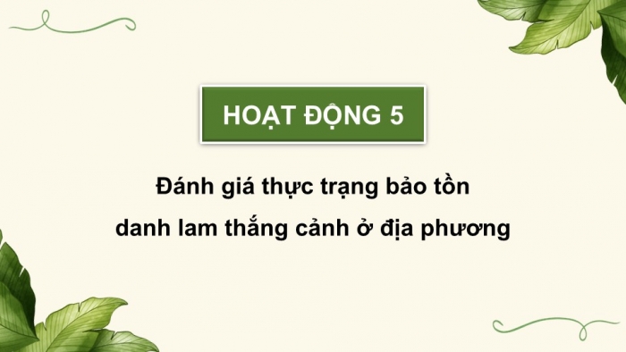 Giáo án điện tử Hoạt động trải nghiệm 12 chân trời bản 2 Chủ đề 6: Bảo tồn động vật, thực vật và cảnh quan thiên nhiên (P2)