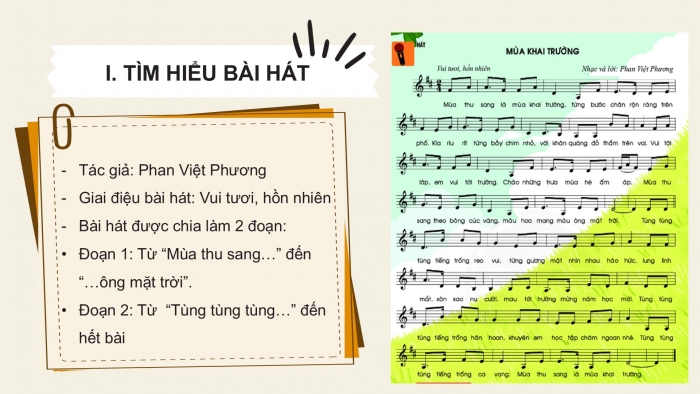 Giáo án PPT Âm nhạc 6 chân trời Tiết 1: Bài hát Mùa khai trường, Nhạc cụ thể hiện tiết tấu Bài thực hành số 1