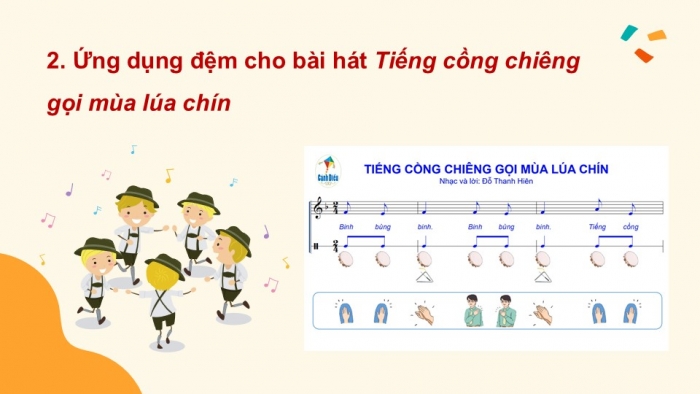 Giáo án điện tử Âm nhạc 9 cánh diều Bài 12 Tiết 2: Thể hiện tiết tấu, ứng dụng đệm cho bài hát Tiếng cồng chiêng gọi mùa lúa chín, Ôn tập Bài hoà tấu số 6, Trải nghiệm và khám phá Đọc nhạc ba bè