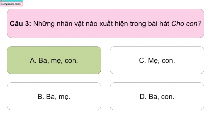 Giáo án điện tử Âm nhạc 5 cánh diều Tiết 24: Ôn tập bài hát Cho con, Nghe nhạc Ba ngọn nến lung linh