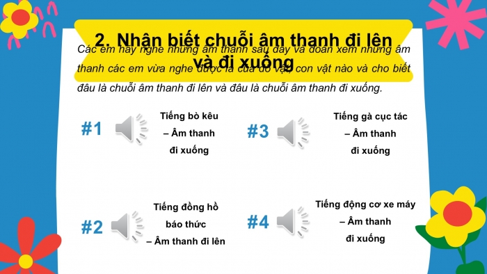 Giáo án PPT Âm nhạc 2 chân trời Tiết 1: Âm thanh đi lên đi xuống, Nhận biết chuỗi âm thanh đi lên đi xuống