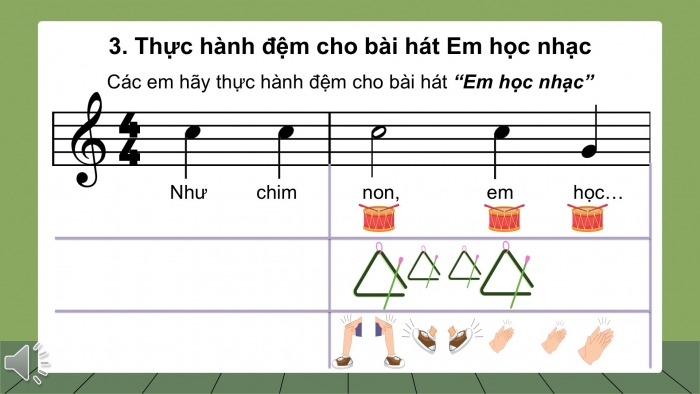 Giáo án PPT Âm nhạc 2 chân trời Tiết 3: Đọc tiết tấu, thực hành đệm cho bài hát Em học nhạc