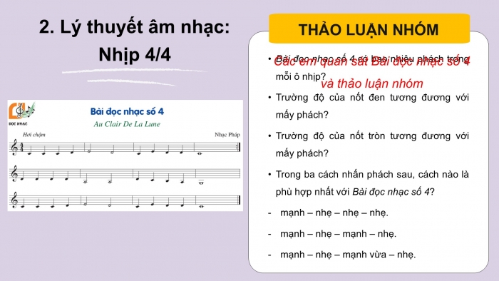 Giáo án PPT Âm nhạc 6 cánh diều Tiết 3: Bài đọc nhạc số 4, Nhịp 4/4, Hoà tấu nhạc cụ