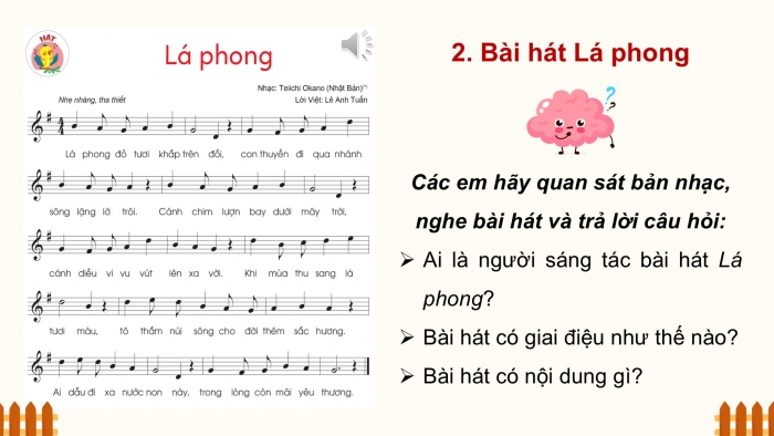 Giáo án điện tử Âm nhạc 5 cánh diều Tiết 19: Hát Lá phong