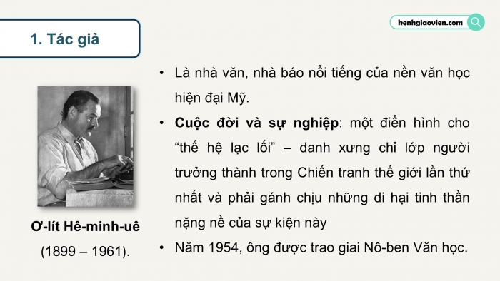 Giáo án điện tử Ngữ văn 12 kết nối Bài 9: Trở về (Trích Ông già và biển cả - Ơ-nít Hê-minh-uê – Ernest Hemingway)