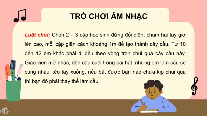 Giáo án PPT Âm nhạc 2 cánh diều Tiết 25: Nghe nhạc Cây cầu Luân-đôn, Vận dụng – Sáng tạo Mô phỏng động tác chơi các nhạc cụ