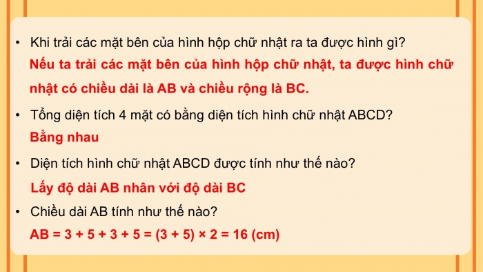 Giáo án điện tử Toán 5 chân trời Bài 65: Diện tích xung quanh và diện tích toàn phần của hình hộp chữ nhật