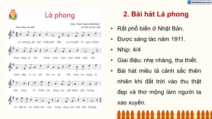 Giáo án điện tử Âm nhạc 5 cánh diều Tiết 19: Hát Lá phong