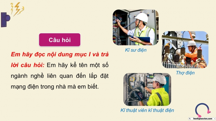 Giáo án điện tử Công nghệ 9 Lắp đặt mạng điện trong nhà Cánh diều Bài 7: Một số ngành nghề liên quan đến lắp đặt mạng điện trong nhà