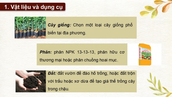 Giáo án điện tử Công nghệ 9 Trồng cây ăn quả Cánh diều Bài 10: Thực hành trồng và chăm sóc cây ăn quả