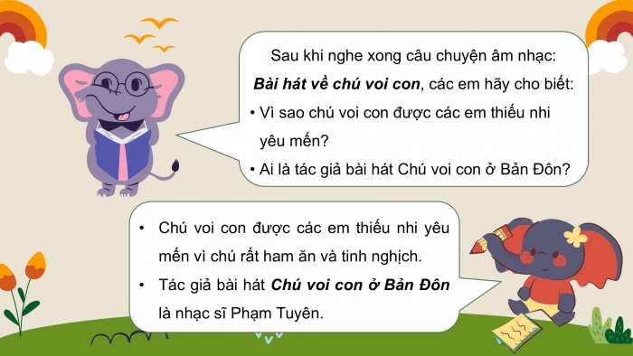 Giáo án PPT Âm nhạc 2 cánh diều Tiết 33: Nhạc cụ, Thường thức âm nhạc Câu chuyện âm nhạc Bài hát về chú voi con, Vận dụng – Sáng tạo Tìm những từ ẩn trong ô chữ