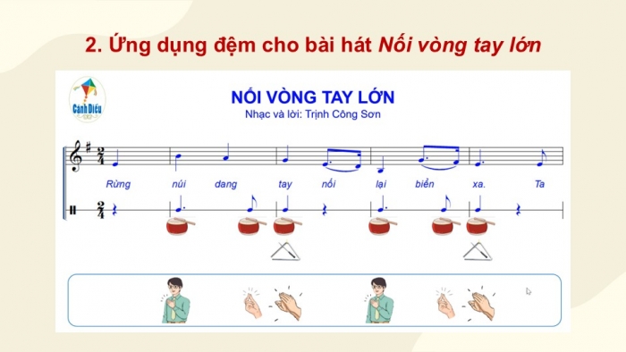 Giáo án điện tử Âm nhạc 9 cánh diều Bài 10 Tiết 2: Thể hiện tiết tấu, ứng dụng đệm cho bài hát Nối vòng tay lớn, Ôn tập Bài hoà tẩu số 5, Trải nghiệm và khám phá Thể hiện mẫu tiết tấu bằng một cây bút