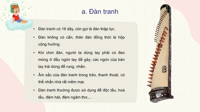 Giáo án PPT Âm nhạc 6 cánh diều Tiết 2: Ôn tập bài hát Bụi phấn, kết hợp gõ đệm bằng nhạc cụ gõ và động tác cơ thể, Đàn tranh và đàn đáy, Trải nghiệm và khám phá