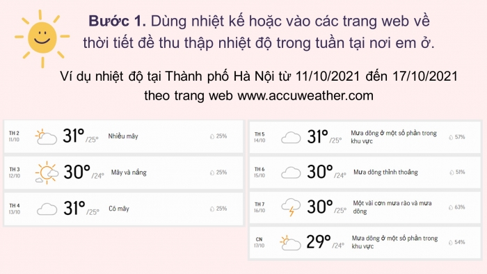 Giáo án PPT Toán 6 chân trời Bài 5 Hoạt động thực hành và trải nghiệm: Thu thập dữ liệu về nhiệt độ trong tuần tại địa phương