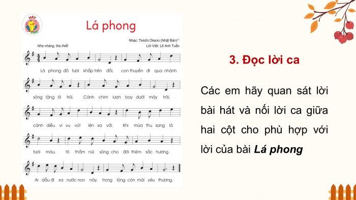 Giáo án điện tử Âm nhạc 5 cánh diều Tiết 19: Hát Lá phong